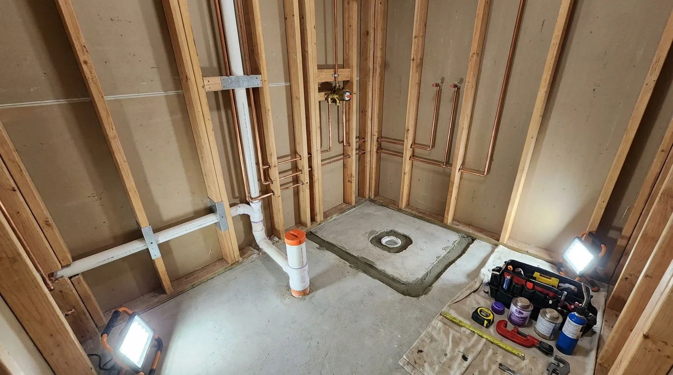 Bathroom rough-in plumbing during remodel by Johns Plumbing LLC in Mound City